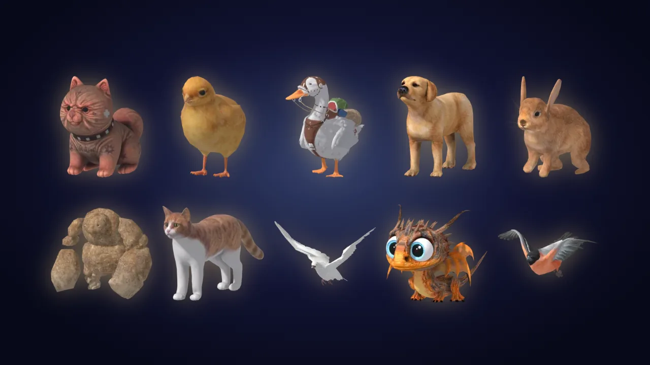Kalendor'un yoldaşları yan yana: köpek, kedi, ördek, civciv, ejder ve diğerleri